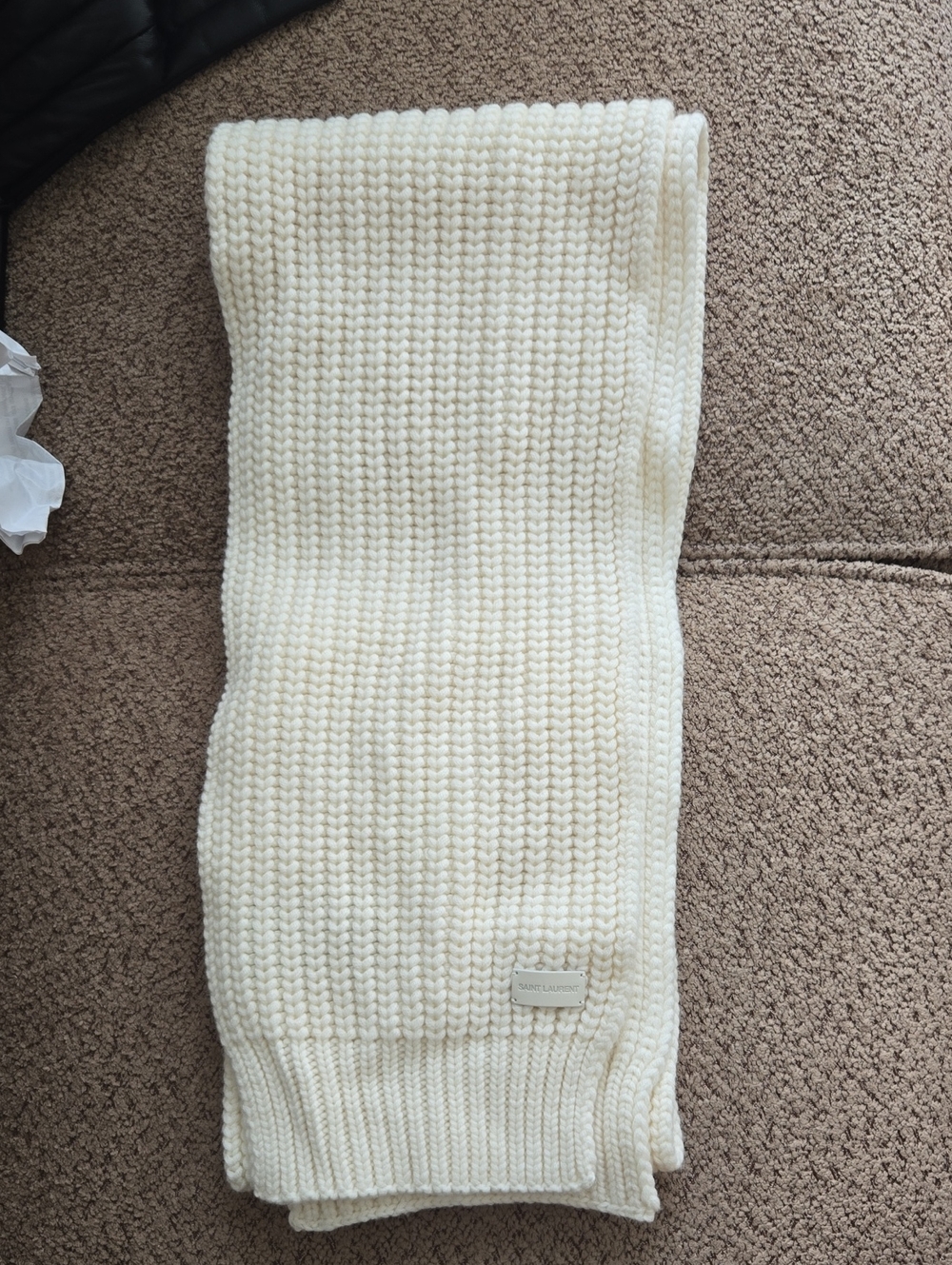 Saint Laurent Cream Ribbed Knit Scarf